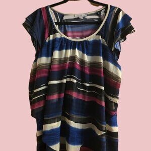 ROZ & ALI WOMENS PLUS SIZE 2X TOP MULTI COLOR SHORT FLUTTER SLEEVE OVERLAY